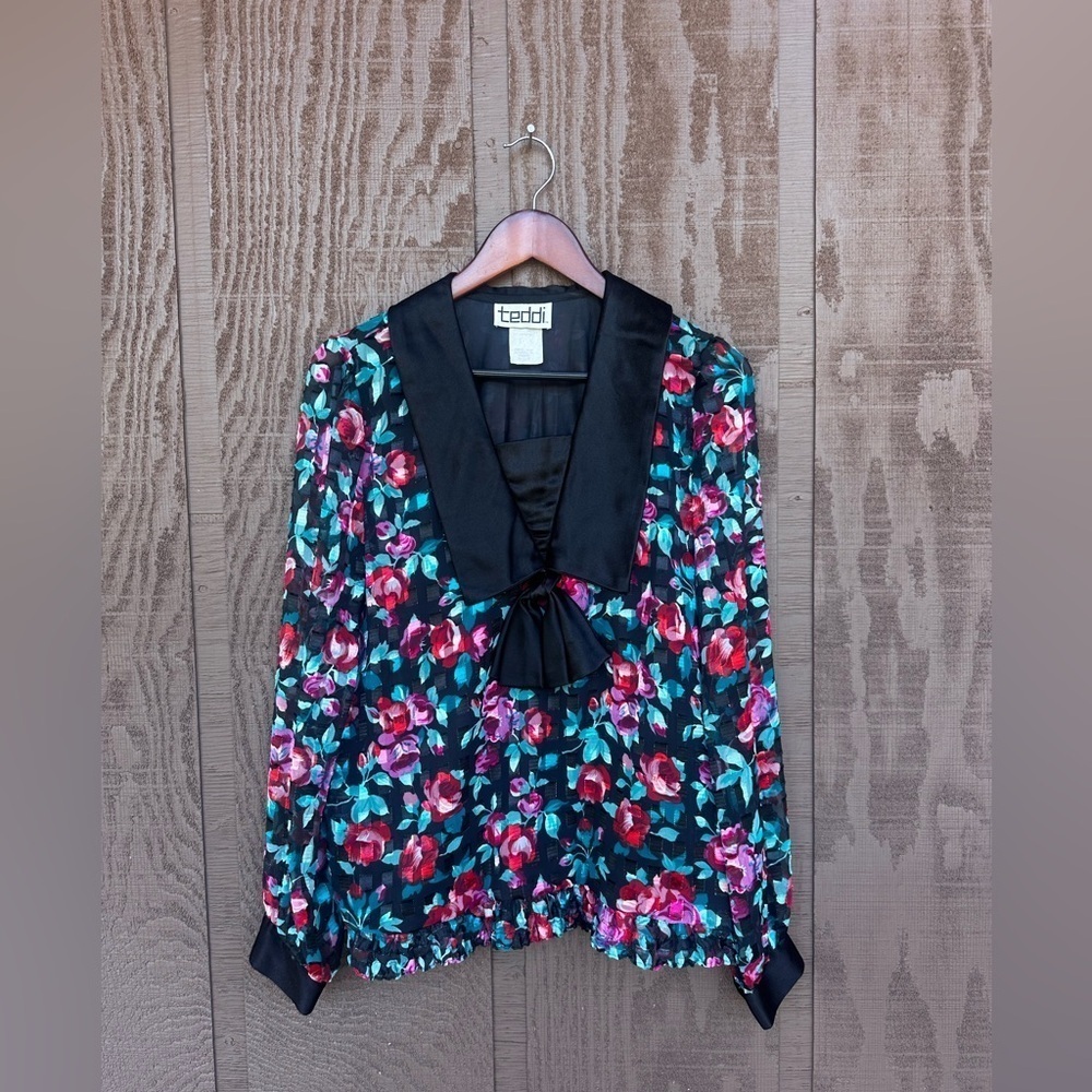 Vintage 80s Teddi Floral Satin Secretary Blouse Sheer Sleeve Medium Retro Preppy